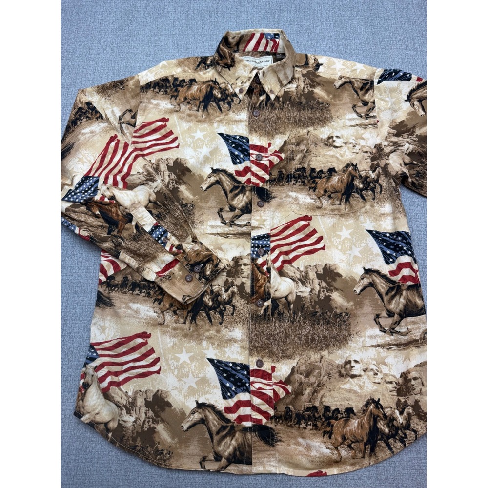Bit & Bridle Men M Western Mount Rushmore Running Horses American Flag Shirt
